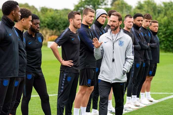 Dear England Joseph Fiennes as Gareth Southgate talks to the England team