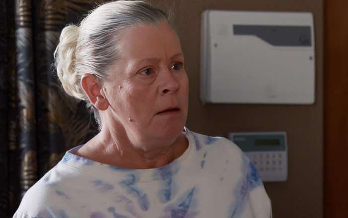 Bernie looks spooked in a scene from Coronation Street