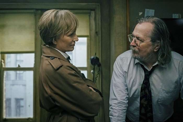 Slow Horses season 5 Kristin Scott Thomas as Diana Taverner and Gary Oldman as Jackson Lamb.