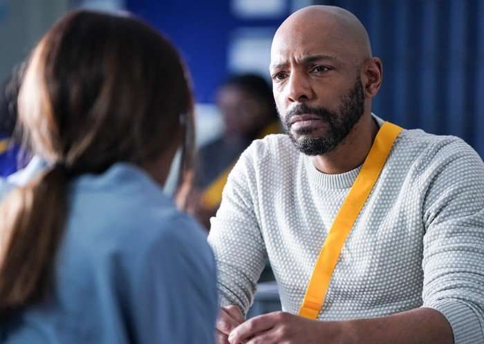 Don Gilet as Lucas Johnson, looking confused as he stares as Diane Parish as Denise Fox in EastEnders