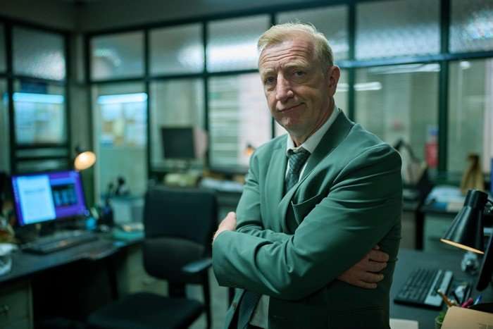 Steffan Rhodri plays DCI Clarke in Death Valley, standing in a suit in a police station office, looking hapless
