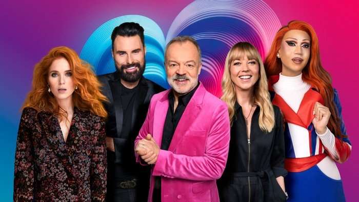 Angela Scanlon, Rylan, Graham Norton, Sara Cox and Tia Kofi all stood next to one another, smiling ahead in front of the Eurovision 2026 logo.