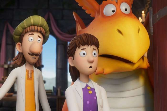 Zog Animation still from Zog series. Sir Gadabout, Princess Pearl and Zog the dragon stand looking shocked at something off screen.