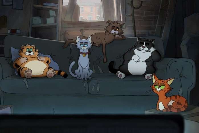 (L to R) Ricky Gervias as Gus, Tom Basden as Ponce, David Earl as Puke, Andrew Brooke as Fang, Diane Morgan as Olive, in Alley Cats