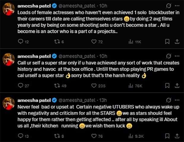 Ameesha Patel takes cryptic dig at &ldquo;fake PR machinery&rdquo; in series of explosive tweets; claims actresses without solo blockbusters are calling themselves stars