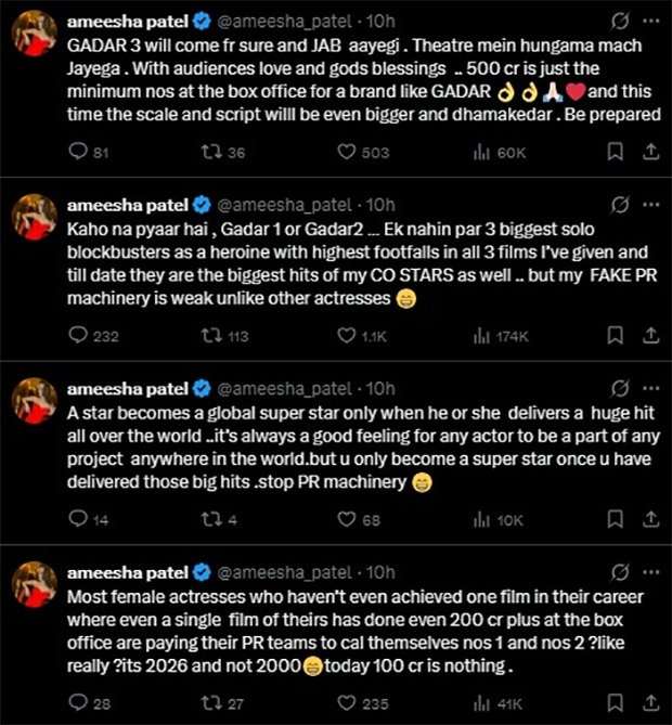 Ameesha Patel takes cryptic dig at &ldquo;fake PR machinery&rdquo; in series of explosive tweets; claims actresses without solo blockbusters are calling themselves stars