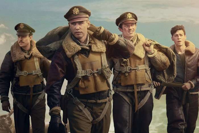 Apple_TV_Masters_of_the_Air_key_art_16_9 Austin Butler, Callum Turner, Anthony Boyle and Nate Mann in Masters of the Air walking together in military attire