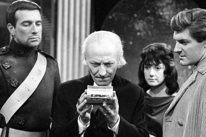 Nicholas Courtney as Bret Vyon, William Hartnell as The Doctor, Adrienne Hill as Katriana and Peter Purves as Steven in Doctor Who: The Devil's Planet.