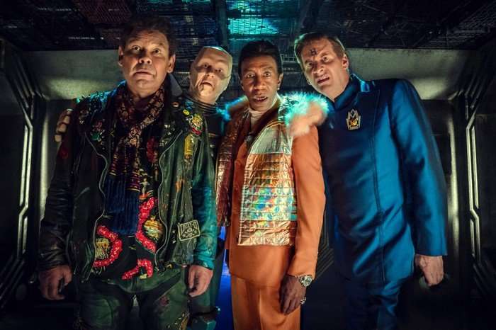 Craig Charles, Robert Llewellyn, Danny John Jules and Chris Barrie on the set of Red Dwarf 13