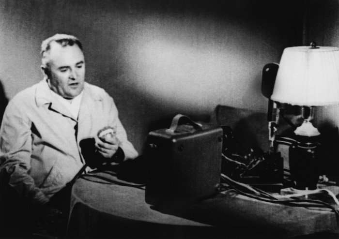 A black and white photo of Sergei Korolev