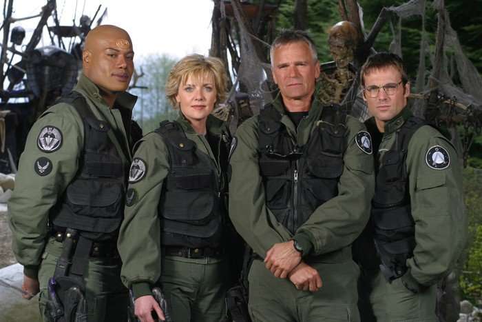 Christopher Judge as Teal'c, Amanda Tapping as Maj. Samantha Carter, Richard Dean Anderson as Colonel Jack O'Neill, Michael Shanks as Dr. Daniel Jackson in Stargate SG-1
