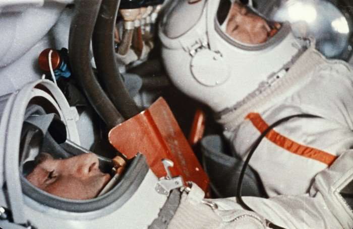Soviet cosmonauts Alexei Leonov (right) and Pavel Belyayev in the cabin of the Voskhod 2 spacecraft prior to take-off, 1965 Soviet cosmonauts Alexei Leonov (right) and Pavel Belyayev in the cabin of the Voskhod 2 spacecraft prior to take-off, 1965