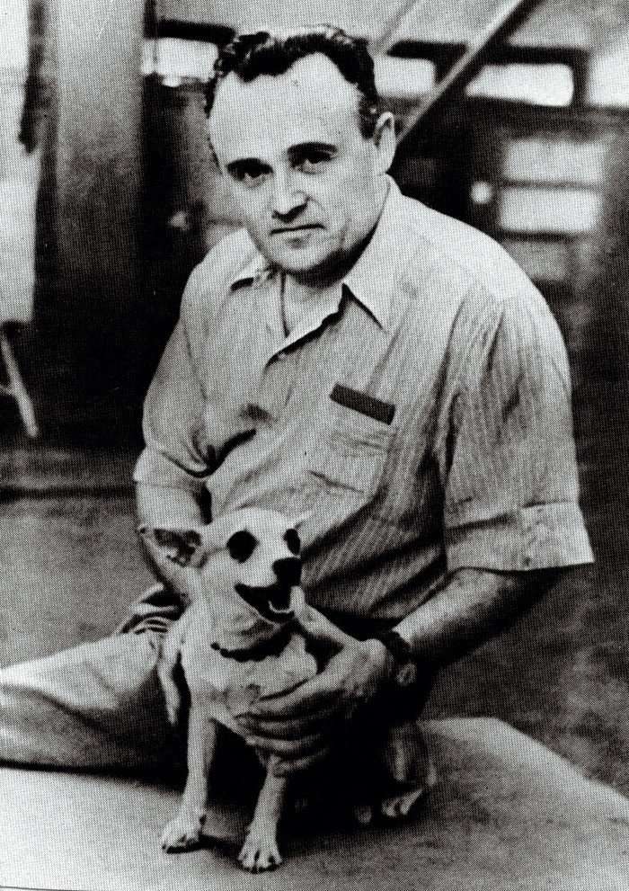 Sergey Korolev with a dog just coming back from a 100 km altitude flight