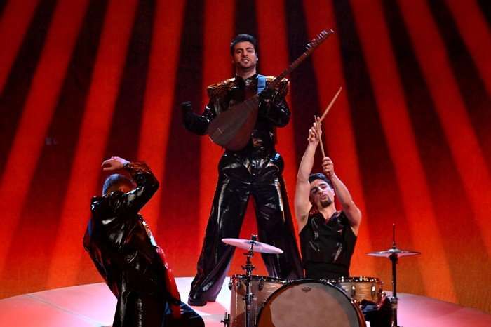 SWITZERLAND-MUSIC-TELEVISION-AWARD-EUROVISION Azerbaijani band Mamagama representing Azerbaijan with the song "Run With U" performs during the first semi-final of the Eurovision Song Contest 2025, at the St. Jakobshalle arena in Basel on May 13, 2025. (Photo by SEBASTIEN BOZON / AFP) (Photo by SEBASTIEN BOZON/AFP via Getty Images)