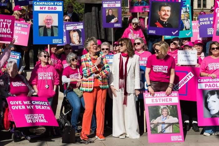 Dame Prue Leith, chief executive of Dignity in Dying Sarah Wootton and Rebecca Wilcox join supporters of assisted dying demonstrating outside Houses of Parliament ahead of the Terminally Ill Adults (End of Life) Bill final session in the House of Lords.