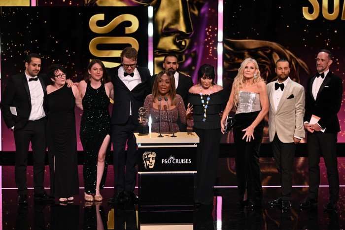 Kyri Zindilis, Diane Parish, Aaron Thiara, Jessie Wallace, Michelle Collins, Chris Clenshaw, Kieran Grimes, cast and crew onstage during the 2026 BAFTA Television Awards with P&O Cruises at The Royal Festival Hall on May 10, 2026 in London, England.