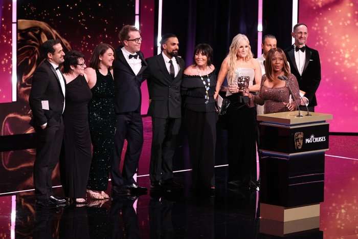 2026 BAFTA Television Awards With P&O Cruises - Show Kyri Zindilis, Diane Parish, Aaron Thiara, Jessie Wallace, Michelle Collins, Chris Clenshaw, Kieran Grimes, cast and crew onstage during the 2026 BAFTA Television Awards with P&O Cruises at The Royal Festival Hall on May 10, 2026 in London, England.