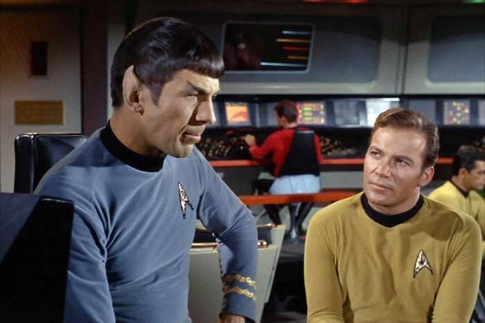 Leonard Nimoy as Commander Spock (Mr. Spock) and William Shatner as Captain James T. Kirk on the bridge of the USS Enterprise on the Star Trek: The Original Series episode Space Seed.