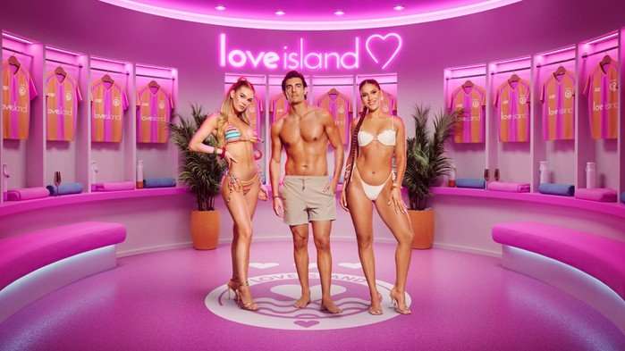 ©ITV Mica, Robyn and Lorenzo stood in swimming garments, all smiling ahead in front of a pink background.