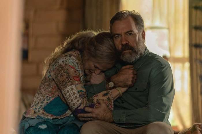Maxine Peake and Brendan Cowell in Last Seen Two people hugging.