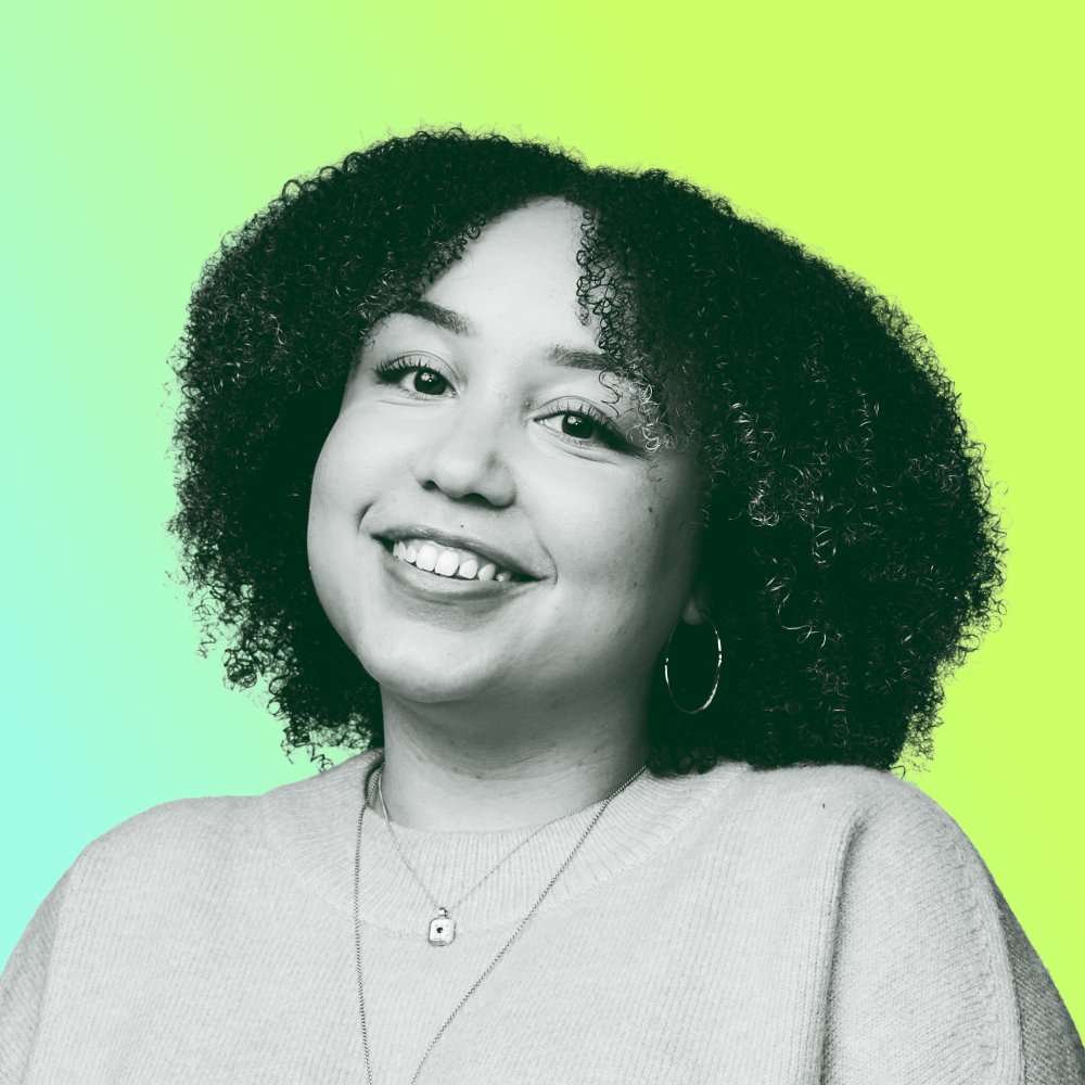 Black and white cut-out portrait headshot of Morgan Cormack, smiling against a lime green background