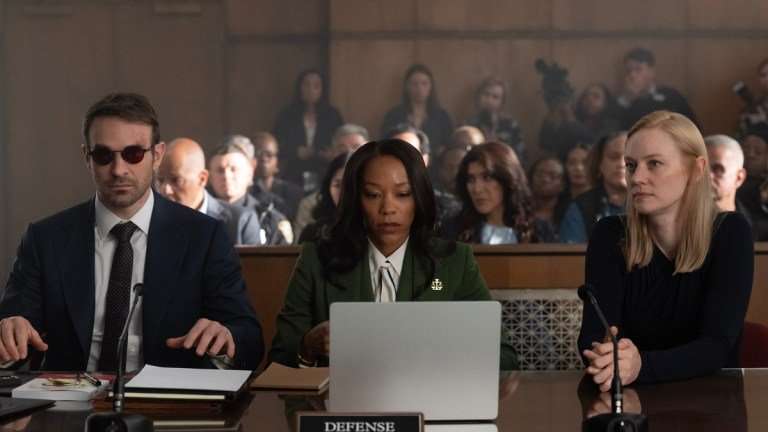 L-R: Matt Murdock / Daredevil (Charlie Cox), Kirsten McDuffie (Nikki M. James) and Karen Page (Deborah Ann Woll) in Marvel Television's DAREDEVIL: BORN AGAIN, exclusively on Disney+. Photo by Jojo Whilden. &copy; 2025 MARVEL.