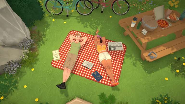 Two characters having a picnic in the grass in lifestyle sim Paralives.