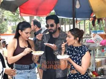 Photos: Ayushmann Khurrana, Rakul Preet Singh and Sara Ali Khan snapped promoting Pati Patni Aur Woh Do