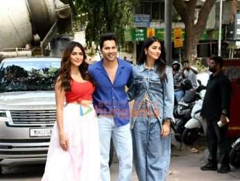 Photos: Varun Dhawan, Mrunal Thakur and Pooja Hegde snapped promoting Hai Jawani Toh Ishq Hona Hai in Bandra