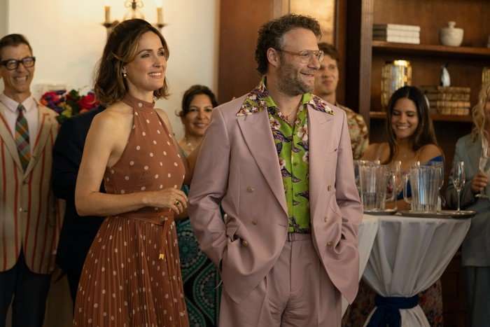 Seth Rogen and Rose Byrne in Platonic Seth Rogen and Rose Byrne in Platonic stood together smiling