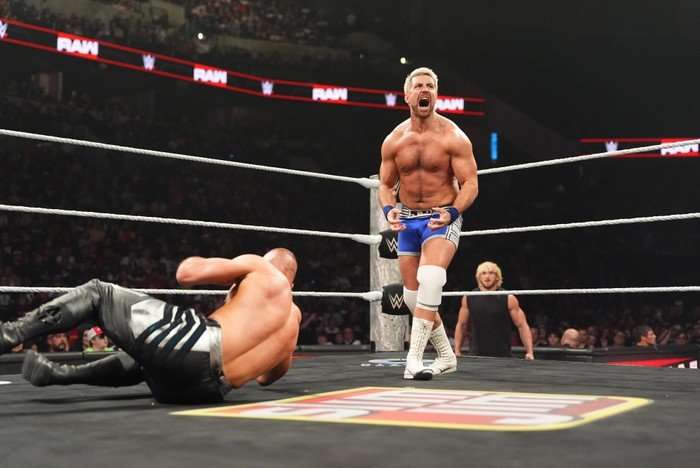 Joe Hendry (Blue trunks), Austin Theory (Black & silver pants), Logan Paul (Black Jeans), Montez Ford (Red sneakers), Bron Breakker (Black tank top) Monday Night RAW on May 4, 2026 in Omaha, Nebraska. (Photo by WWE/WWE)