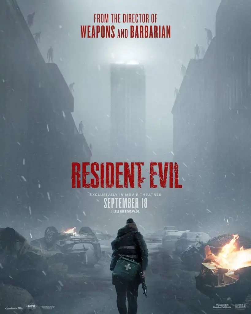 A character walks down the street on the Resident Evil poster.