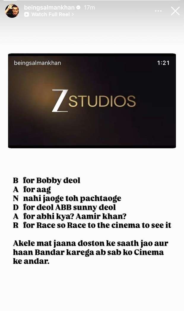 Salman Khan hypes Bandar teaser with quirky Instagram post for Bobby Deol