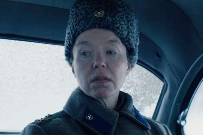 Anna Maxwell Martin as Colonel Lyudmilla Raskova in Star City, inside a car in a military uniform
