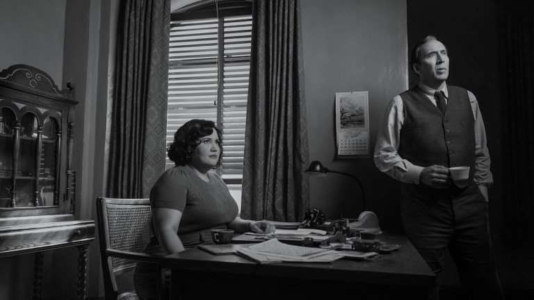 Janet Ross (Karen Rodriguez) and Ben Reilly/Spiderman (Nicolas Cage) in SPIDER-NOIR