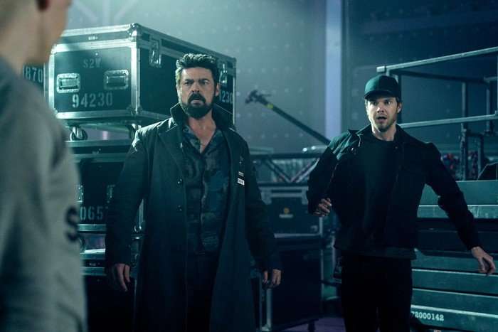 Karl Urban (Billy Butcher), Jack Quaid (Hughie Campbell) in The Boys season 5 Karl Urban (Billy Butcher), Jack Quaid (Hughie Campbell) in The Boys season 5, looking shocked