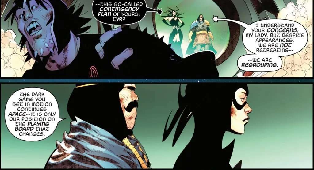 Tyr and Hela retreat in Knull #5