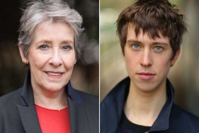 Headshots of Phyllis Logan and Angus Imrie side by side.