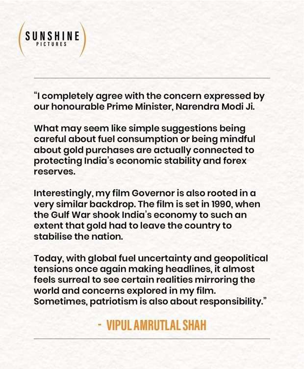 Vipul Amrutlal Shah says his film Governor reflects economic challenges faced during the 1990 Gulf War era