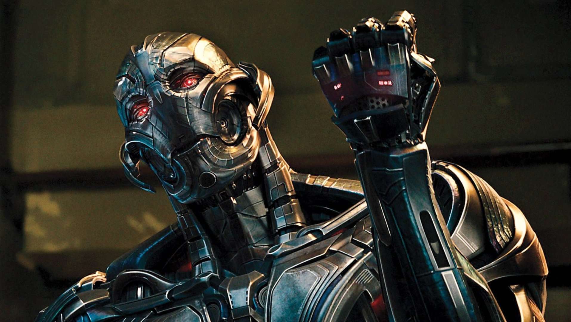 Ultron making a fist and raising it in Avengers: Age of Ultron.