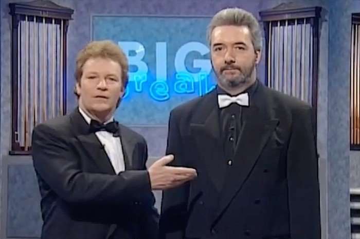Jim Davidson and John Virgo wearing suits and bow ties presenting Big Break.