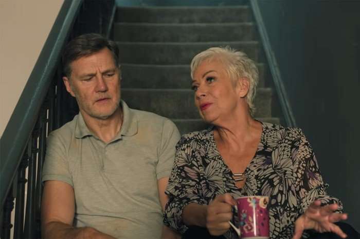 David Morrissey and Denise Welch star in Tip Toe; in this scene, their characters are sat on a flight of stairs, speaking closely while drinking tea