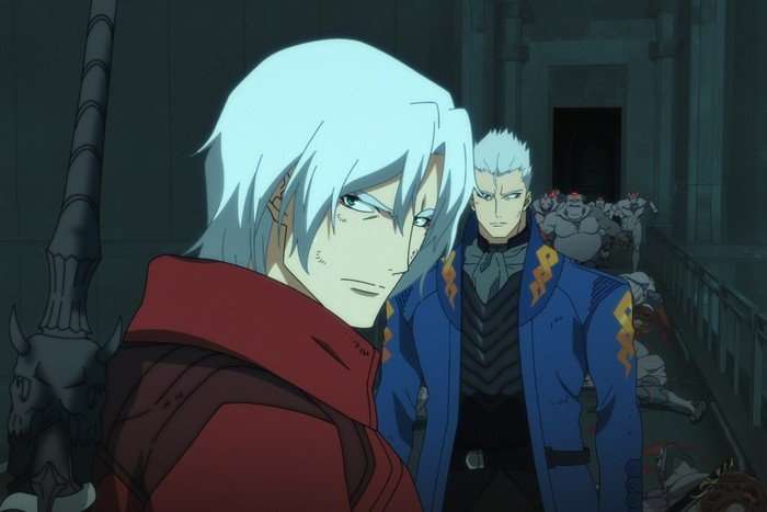 Dante stands in the foreground glaring, with his identical twin brother Vergil looking at him from the background