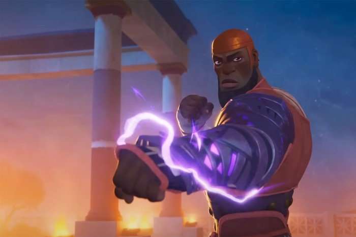 A scene from Marvel's Eyes of Wakanda. An armoured warrior is seen striking out a fist, which glows with purple kinetic energy.