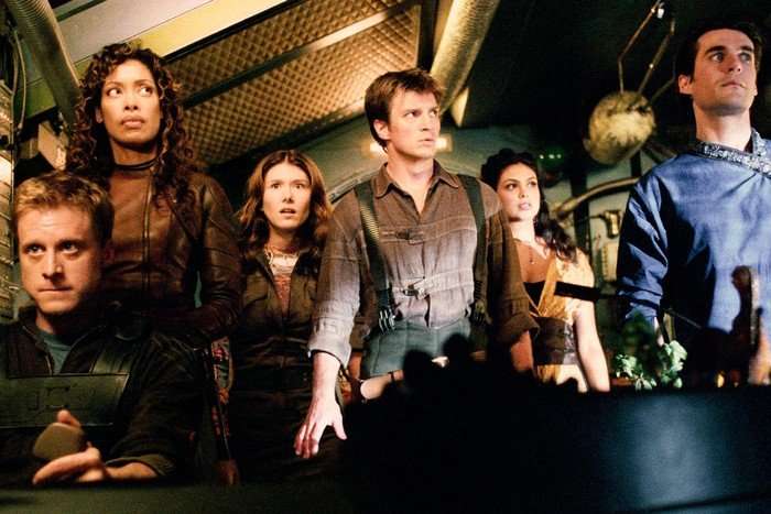 The cast of Firefly in character aboard the show's eponymous spaceship