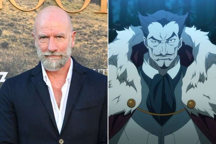 On the left, Graham McTavish wearing a suit at a screening event. On the right, his character Arius in Devil May Cry, depicted wearing a fur-trimmed cloak