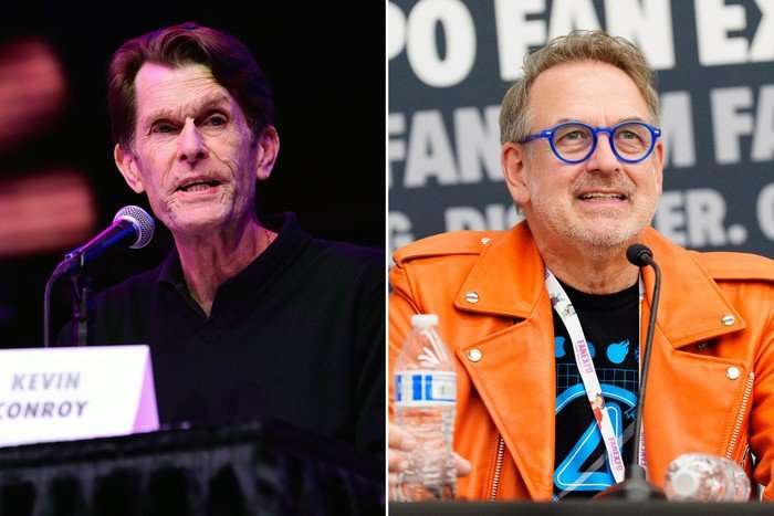 On the left, Kevin Conroy and, on the right, Ian James Corlett. Both are speaking into microphones at Comic-Con panels.