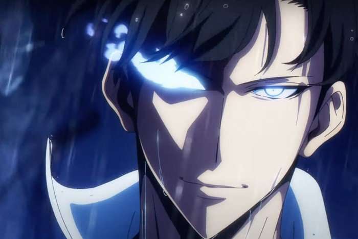 Solo Leveling season 2 finale still showing Sung Jinwoo with glowing blue eyes