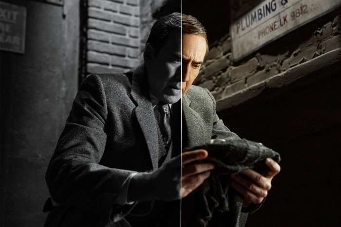 spider-noir-black-and-white-or-colour-2 A side-by-side comparison of a scene from Spider-Noir where Ben Reilly (Nicolas Cage) crouches in an alley, looking at his vigilante mask with concern. The left side is in black and white, and the right side is in colour.