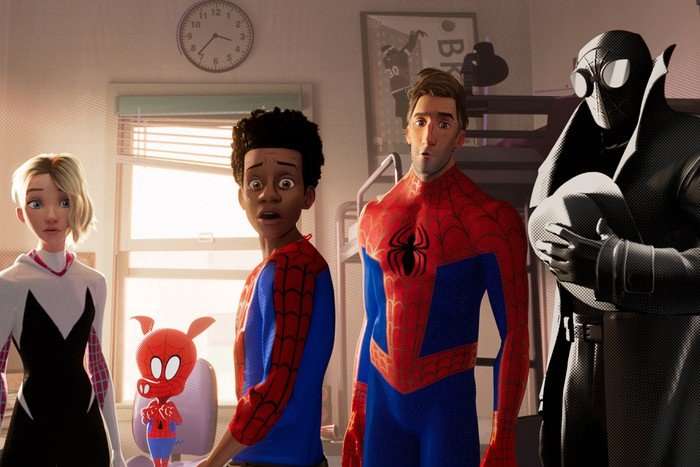spider-verse A scene from Spider-Man: Into the Spider-Verse, featuring Spider-Gwen, Spider-Ham, Miles Morales, Peter B Parker and Spider-Man Noir in Miles's room, looking panickedly at the door